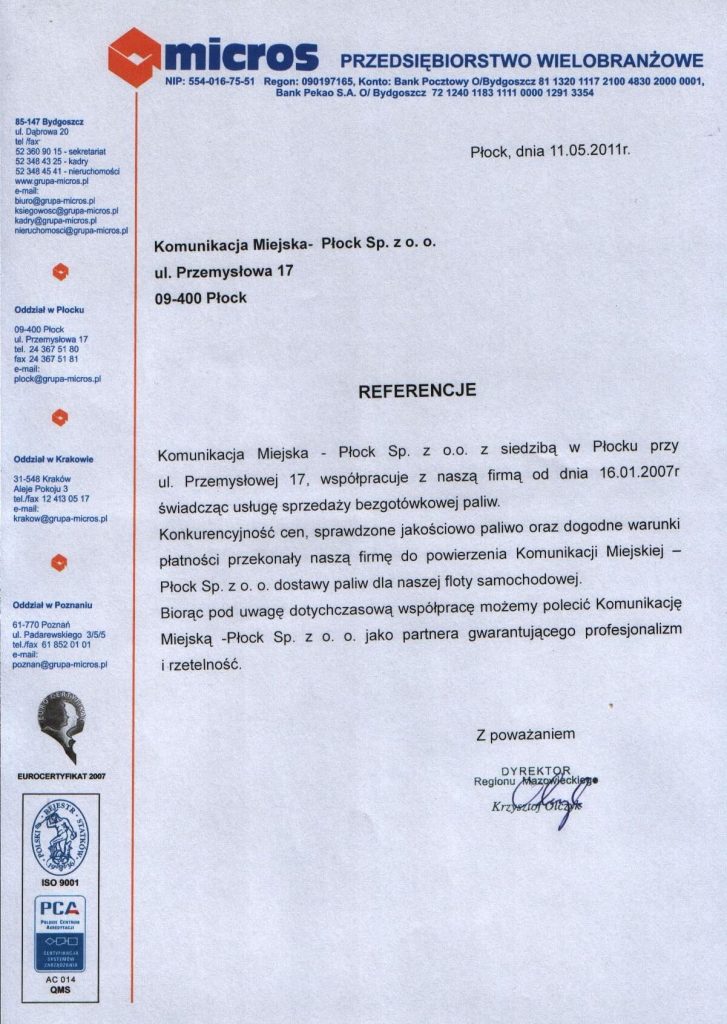 List referencyjny - micros Przedsiębiorstwo Wielobranżowe