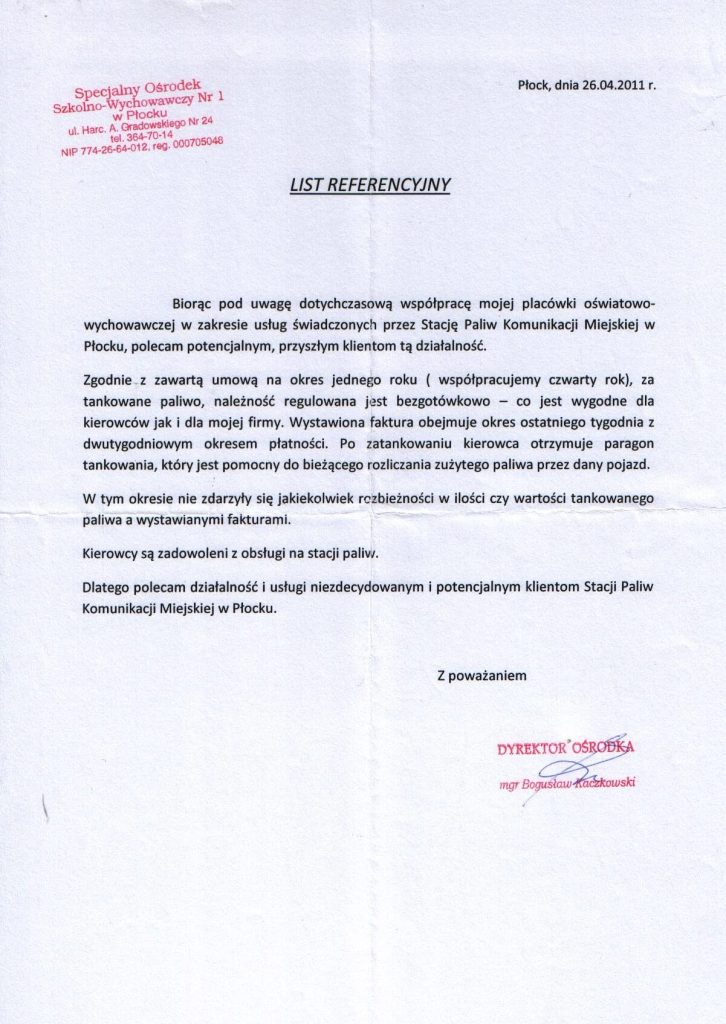 List referencyjny - Specjalny ośrodek Szkoleniowo-Wychowawczy Nr 1 w Płocku