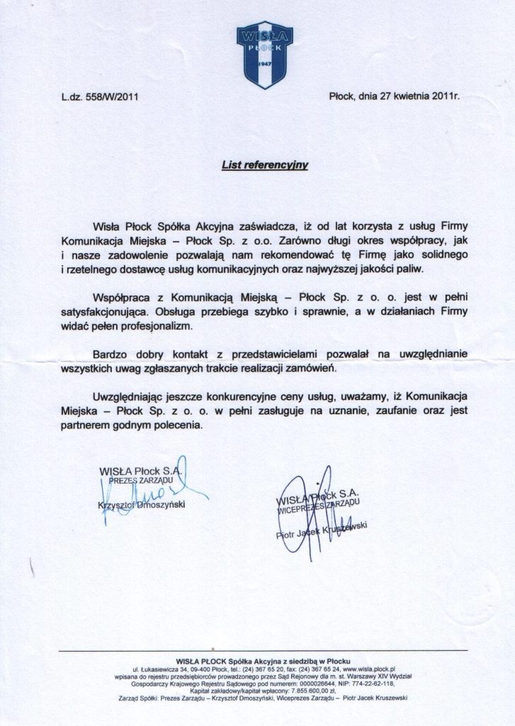List referencyjny - Wisła Płock Spółka akcyjna